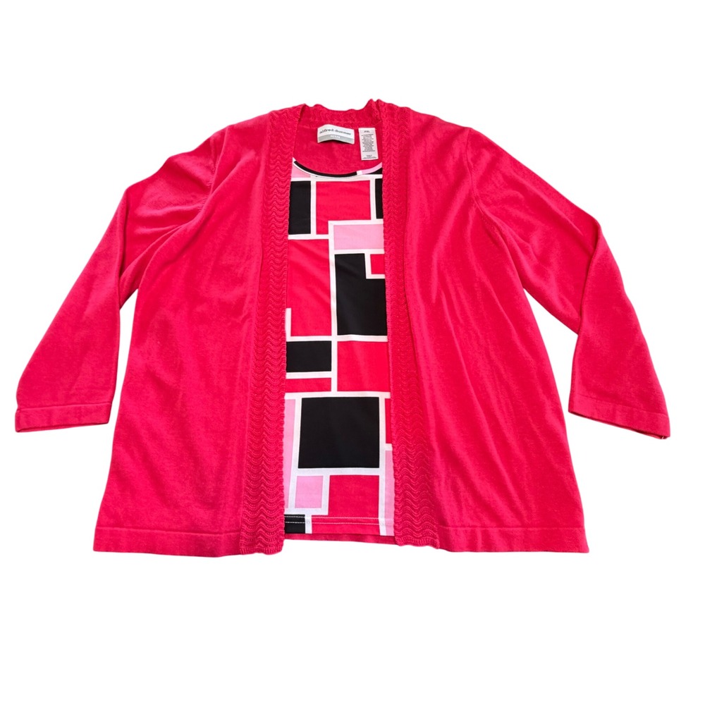 Alfred Dunner Petite PXL Cherry Pink Geometric 2-in-1 Cardigan Layer Top‎ NWT